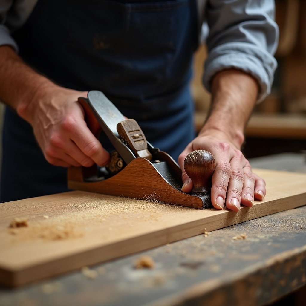 Mani che piallano un pezzo di legno nel laboratorio