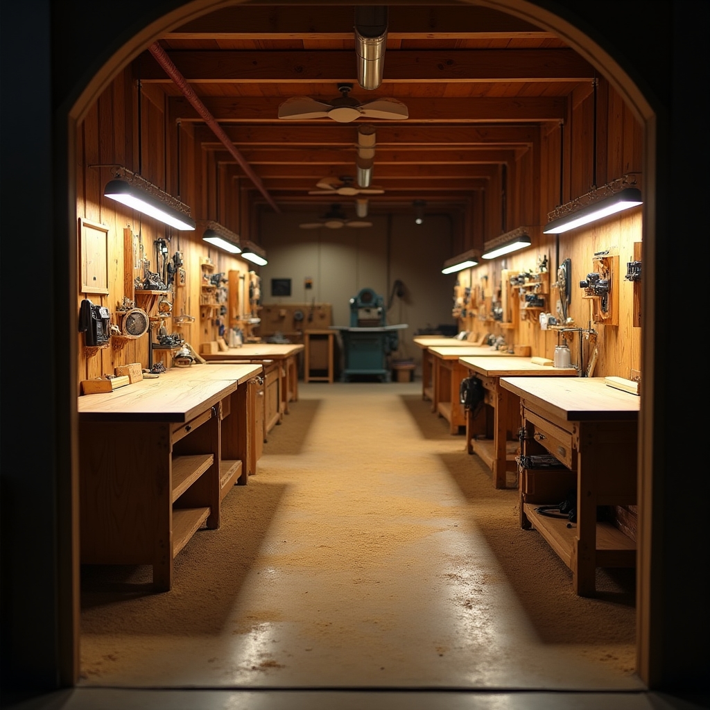 Interno del laboratorio di falegnameria con banchi di lavoro